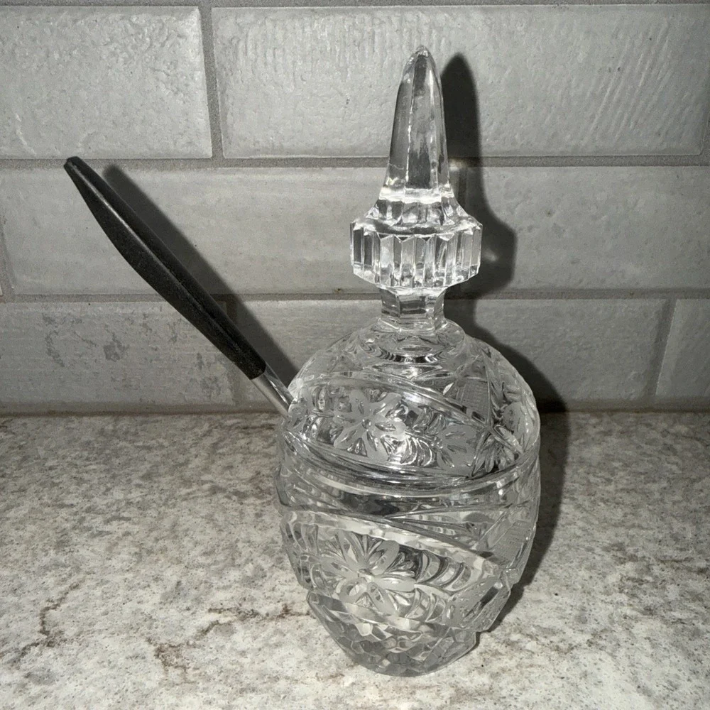 Vintage Clear Cut Glass Covered Sugar Bowl Candy Dish W lid 7 In Floral Etched